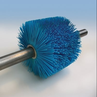 Blue spherical brush attachment on a metal shaft, displayed on a white background
