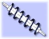 Metal engine fuel injectors arranged in a row on a light blue background