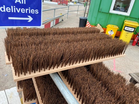 Stacked wooden broom bristle panels drying in outdoor lot with delivery sign and trash bins visible in background