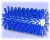 Blue cylindrical cleaning brush with densely packed bristles on white background