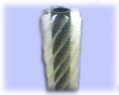 Tall cylindrical white vase with green diagonal stripe pattern on lavender background