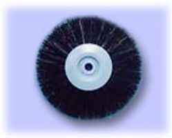 Black wire brush wheel with white center hub on light blue background
