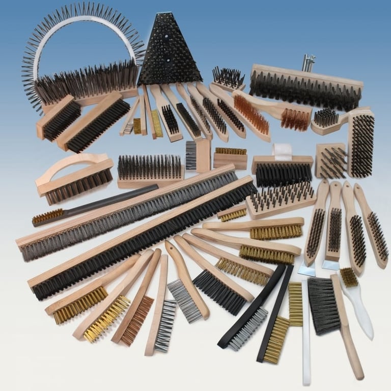 Collection of various brushes arranged flat, including wire brushes, cleaning brushes, and hand brushes in different sizes and materials