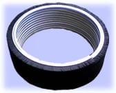 Black rubber ring with metal grooved interior band on light blue background